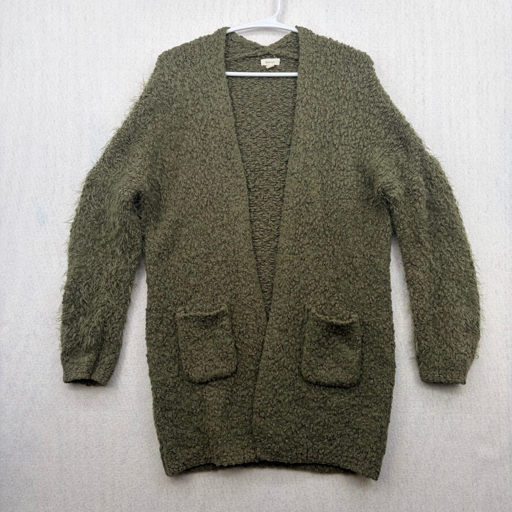 Debut Women Olive Green Popcorn Knit Open Front Cardigan Sweater Large C9851